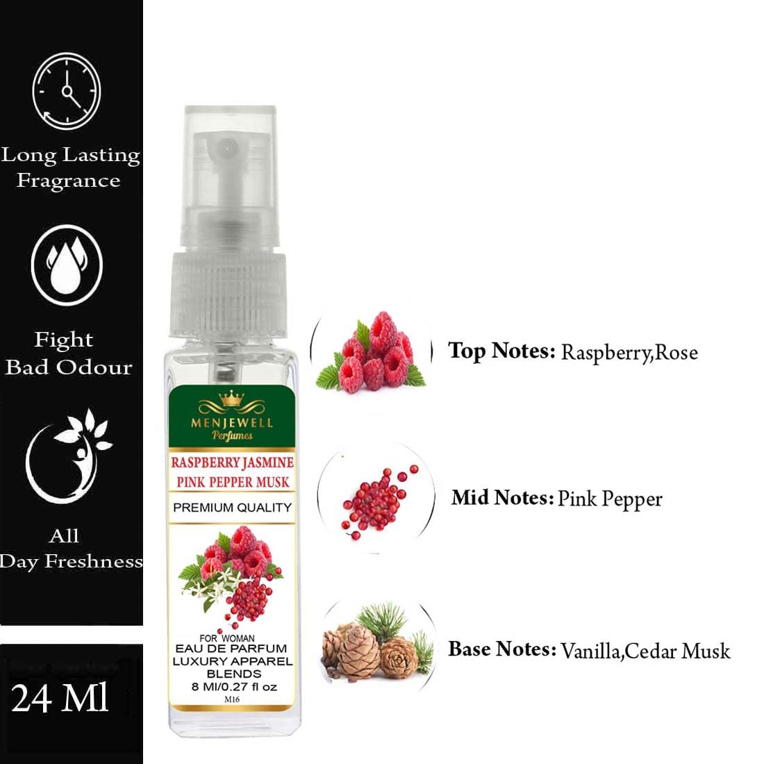 Menjewell Raspberry Jasmine Pink Pepper Musk Eau De Parfum For Woman 8ml 0.27 Fl.oz. Each Pack Of 3 | Luxury Apparel Parfum | Long Lasting