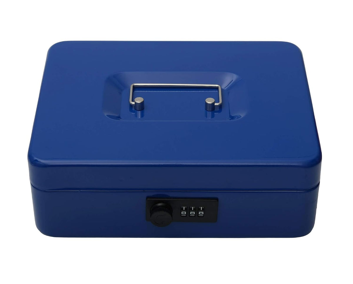 Metal Cash Box With Number Combination Lock, Size - Medium, Colour - Blue, Material - Iron, Special Feature - Removable Tray
