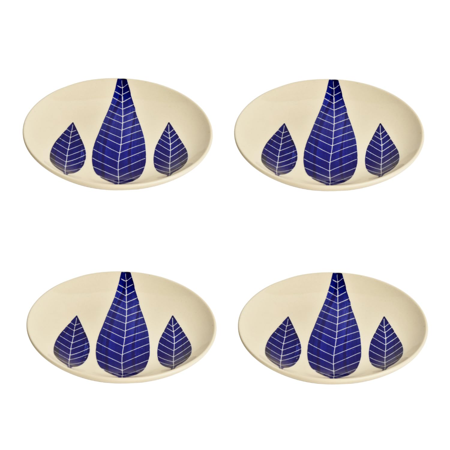 Hand Painted Ceramic Blue Leaf Quarter Plates Set Of 4 - 7 Inches, Blue & White | Dishwasher Safe Small Side Plates - Microwave Safe Snack Plates