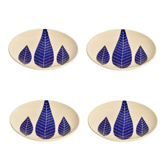 Hand Painted Ceramic Blue Leaf Quarter Plates Set Of 4 - 7 Inches, Blue & White | Dishwasher Safe Small Side Plates - Microwave Safe Snack Plates