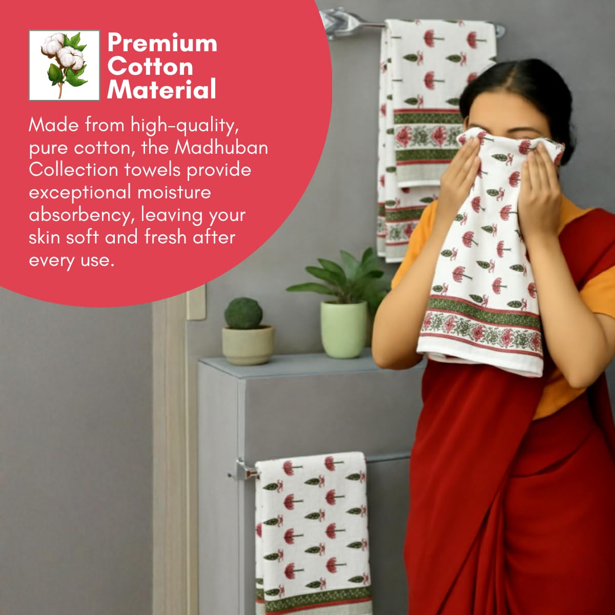 Mafatlal Madhuban Premium Waffle Cotton 1 Bath & 2 Hand Towel 700 Gsm | Hand Printed Floral Quick Dry, Soft & Absorbent Towel (Couryard) - 3 Pcs