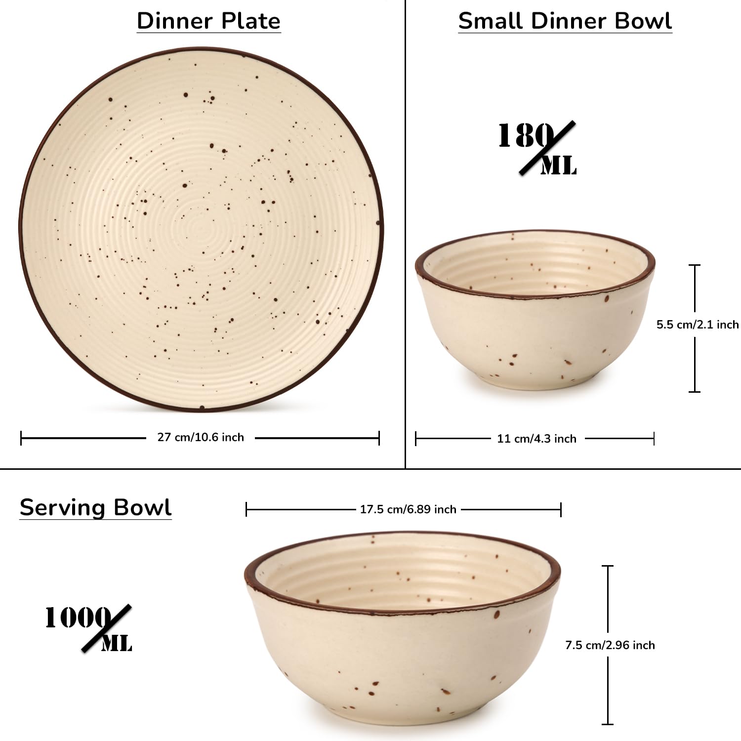 Handcrafted Ceramic Stoneware Dinner Set Of 10 Pcs With Serving Bowl Set, Beige | 4 Dinner Plates, 10.6 Inch Each + 4 Salad Bowl, 180ml Each+ 2 Serving Bowl, 1000ml Each - Microwave & Dishwasher Safe