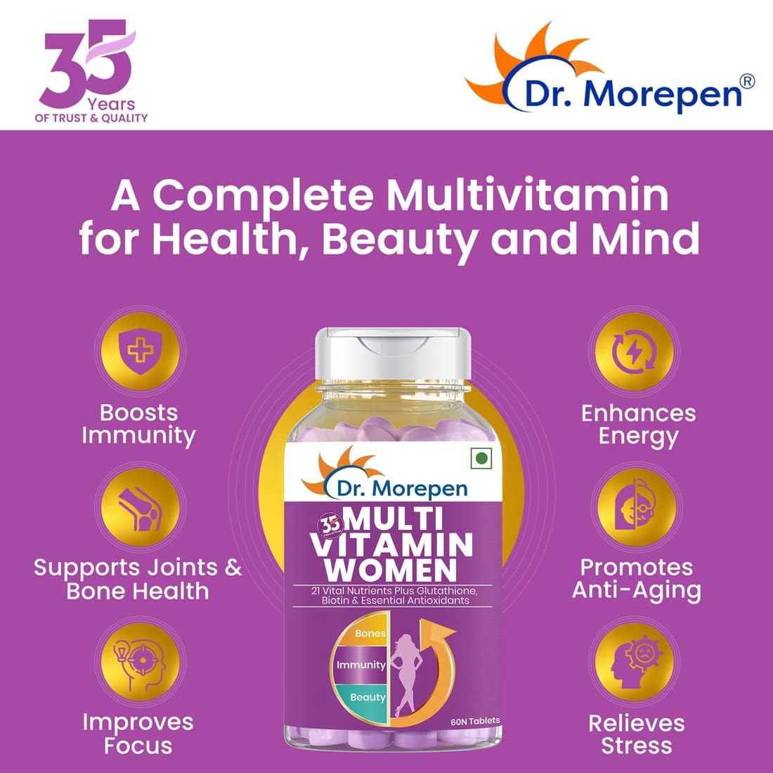 Dr. Morepen Multivitamin Tabs For Women | Energy & Immunity Booster Supplement | 60 Tablets , 100gm 0.2lbs