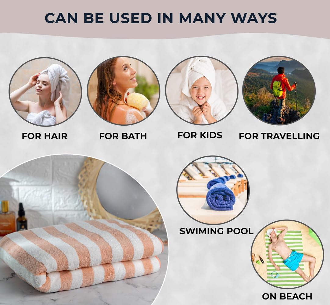 Fezora Microfiber Bath Towels Strip 290 Gsm | Extra Soft Plush & Quick Dry High Absorbency Large Size Towels For Bathing (Orange & White)