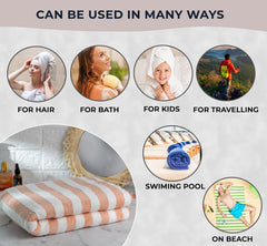 Fezora Microfiber Bath Towels Strip 290 Gsm | Extra Soft Plush & Quick Dry High Absorbency Large Size Towels For Bathing (Orange & White)