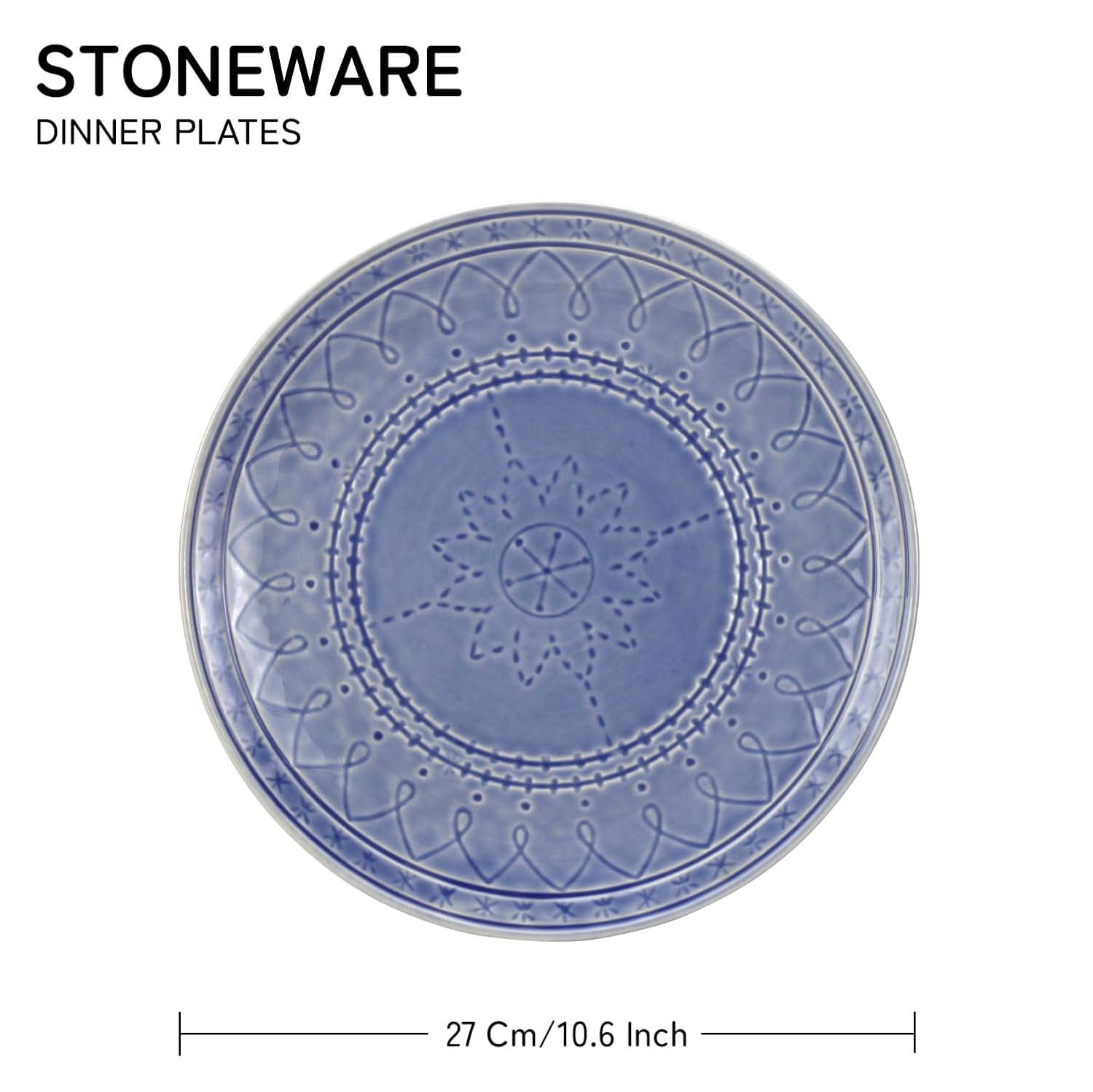 Ceramic Hand Glazed Large Embossed Dinner Plates Set Of 6 - 10.6 Inch, Mist Blue | Handcrafted Stoneware - Microwave Safe & Dishwasher Safe