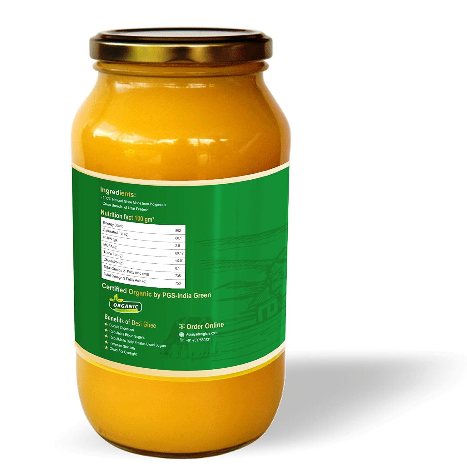 Organic Natural Desi Cow Ghee By Sanwali Farm | Vedic Bilona Method, Hand Churned Ghee For Boost Immunity | (500ml) 16.8 Ounce | Jar Pack