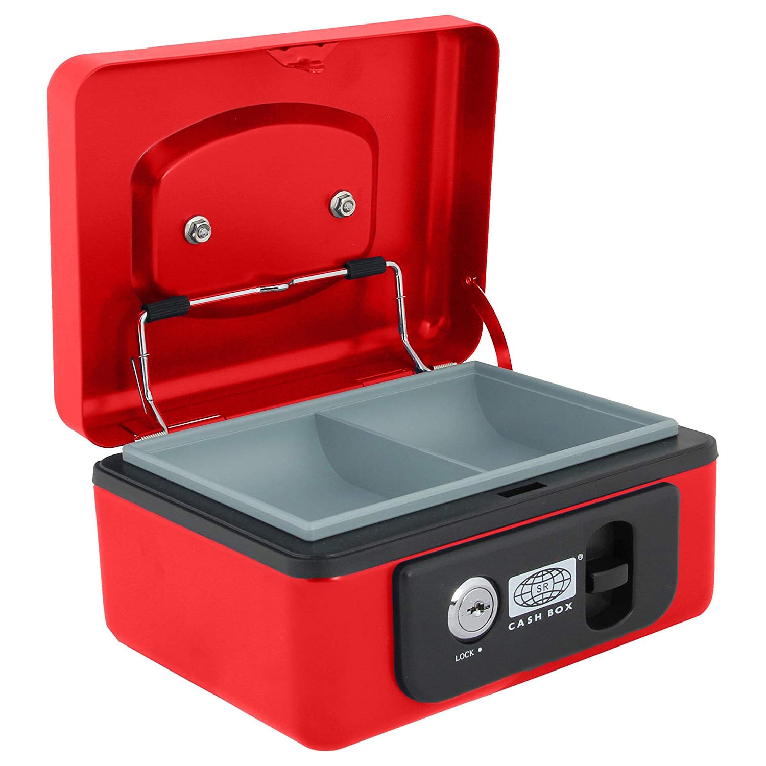 Imported Metal Cash Box With Dual Combination & Password Lock Small Size Money Box For Cash, Jewellery Safe Locker With Removable Plastic Coin Tray, Colour - Dark Grey, Material - Metal