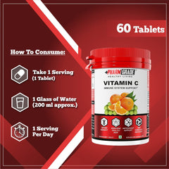 Pharmgrade Healthy Living Vitamin C , Natural Fruits Immunity Supplement For Men & Women , Antioxidants Skincare , Immunity Booster, Orange Peel | 60 Tablets , 100gm 0.2lbs , Each Pack Of 2