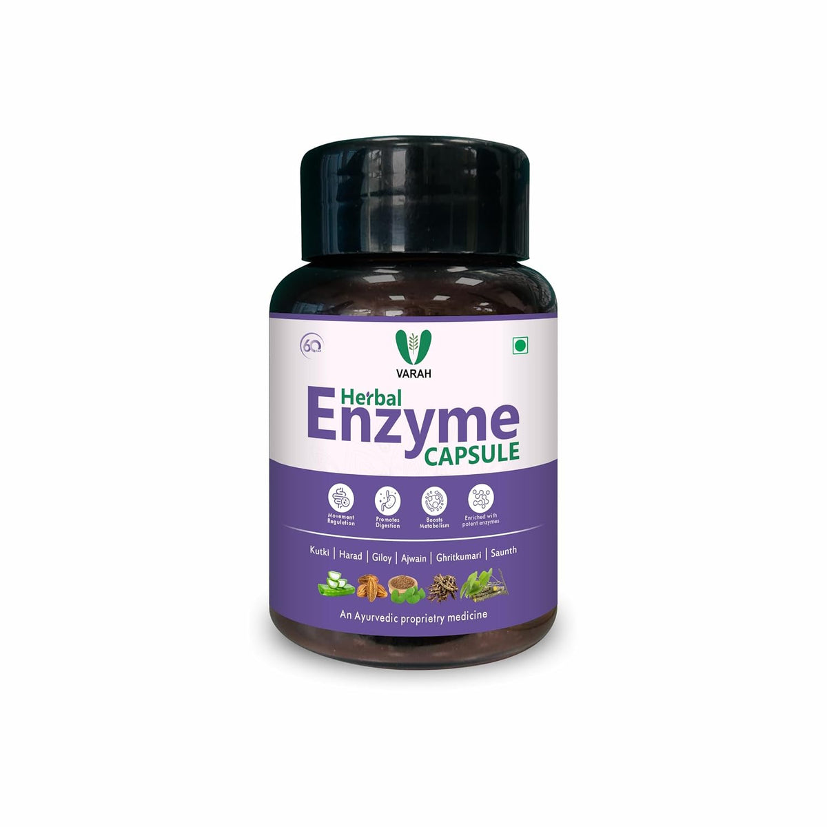 Varah Healthcare Digestive Enzymes Supplement, Digestive Support, Contains Chitrakmool, Ajwain, Amla, Harad & Other Herbs, Gut Cleanser | 60 Capsules, 100gm 0.2lbs