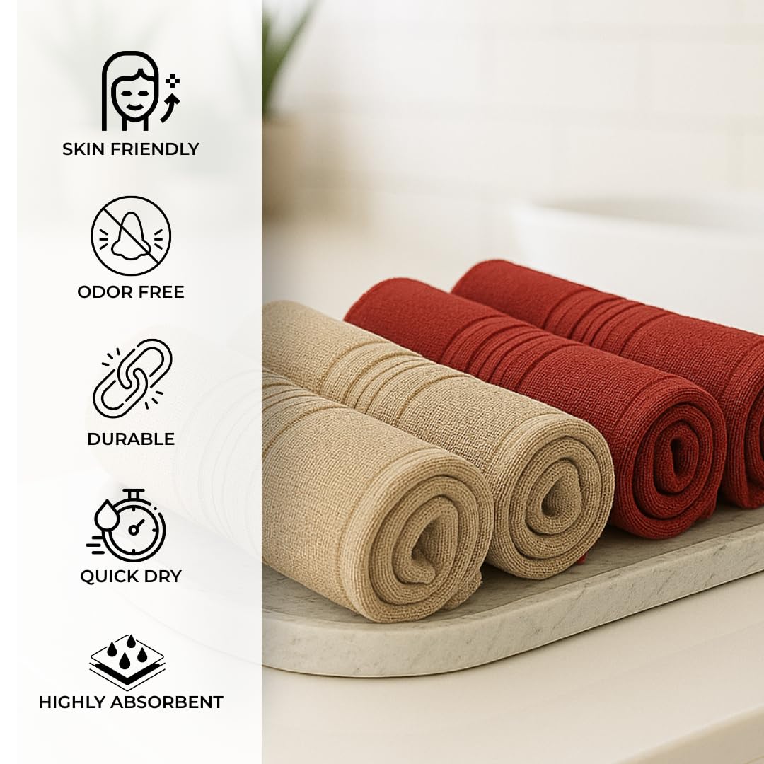 Akiko Home 100% Cotton Essential Series Face Towel 600 Gsm | Soft Absorbent & Durable Washcloth For Men & Women, Compact Travel Towel -Pack Of 4 (Beige & Maroon)