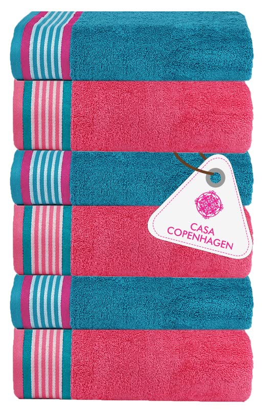 Casa Copenhagen Germany Design He & She Collection 100% Cotton Hand Towel 740 Gsm (Teal & Pink)- 6 Pcs