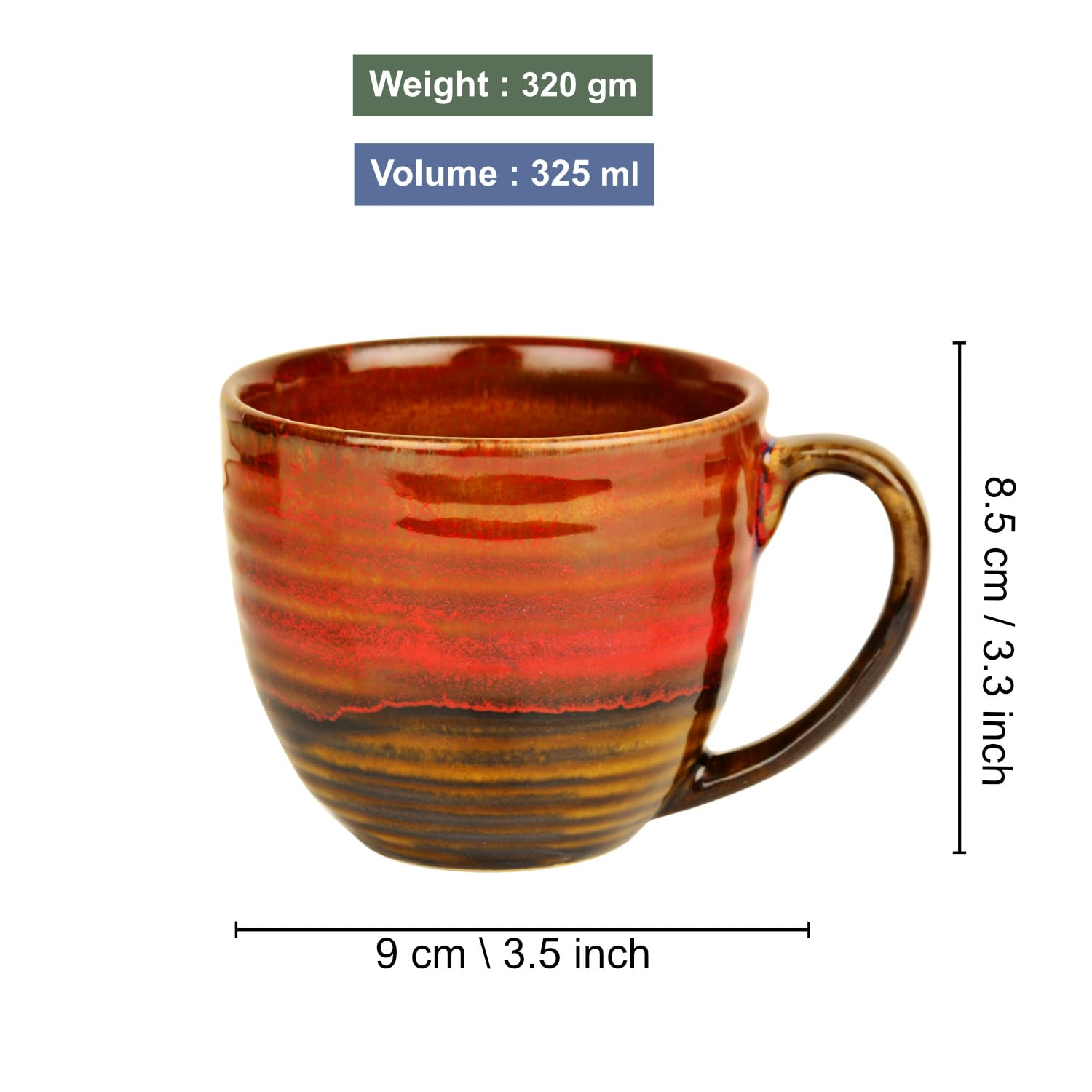 Studio Pottery Ceramic Soup Cups With Handle Set Of 4 - 350ml Each, Ombre Red | Maggi Bowls - Cereal Bowls