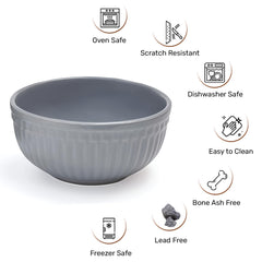 Ceramic “Strip” Handcrafted Multipurpose Serving Bowl Katoris Set Of 2 - 450ml Each, Grey | Cereal Bowl, Soup Bowl, Salad Bowl - Dishwasher & Microwave Safe