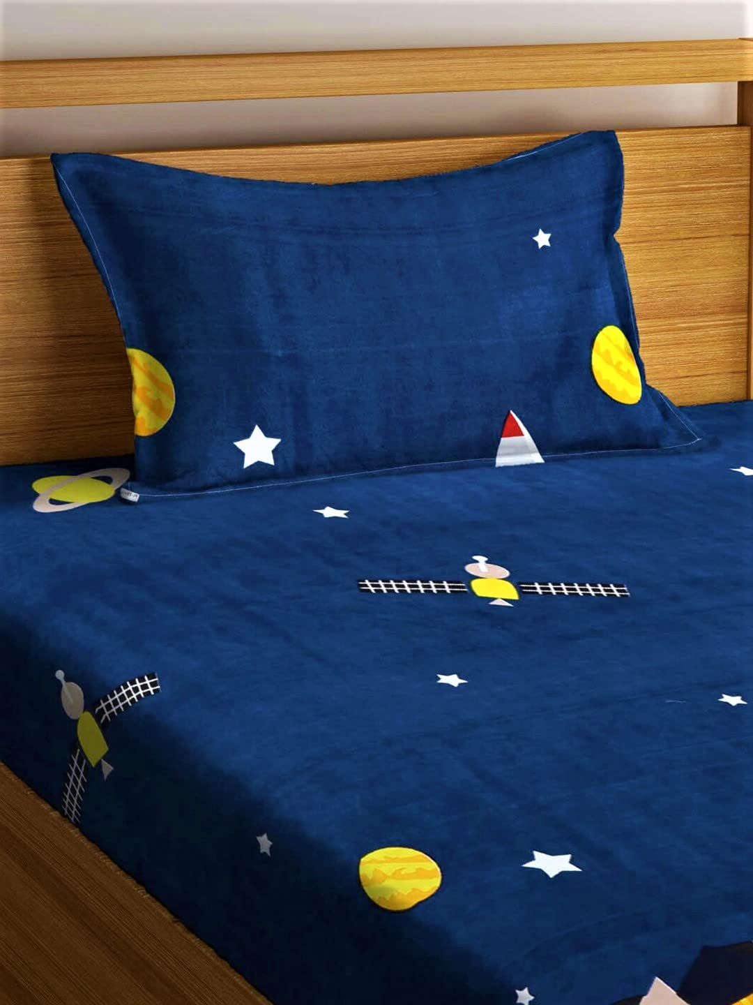 Single Bedsheet With One Matching Pillow Cover - 55 X 90 Inches, Blue | Microfiber Kids Galaxy Bedsheet | Normal Hand Wash Or Machine Wash