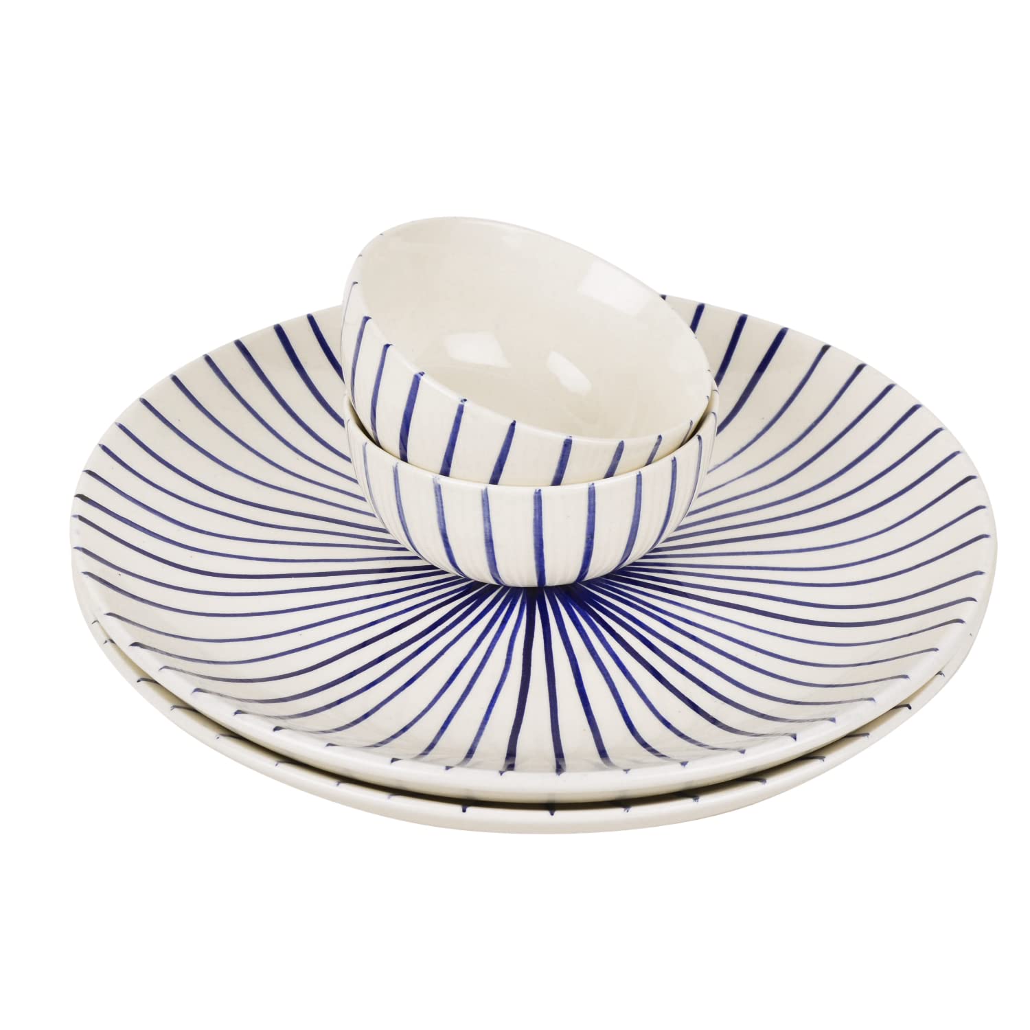 Ceramic Striped Dinner Serving 2 Plates With 2 Dinner Bowls Set Of 4 - White & Blue, Plate Diameter – 10 Inches | Plates & Bowls Set - Blue Kasa Line