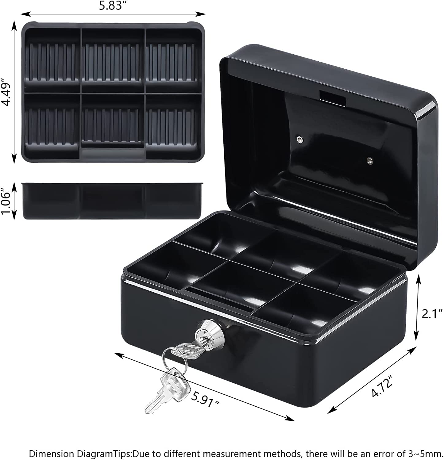 Small Cash Box, With Key Lock With Coin Trey, Portable, 6" Petty Cash Box, Money Safe Box, Colour - Black, Material - Alloy Steel