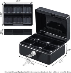 Small Cash Box, With Key Lock With Coin Trey, Portable, 6" Petty Cash Box, Money Safe Box, Colour - Black, Material - Alloy Steel