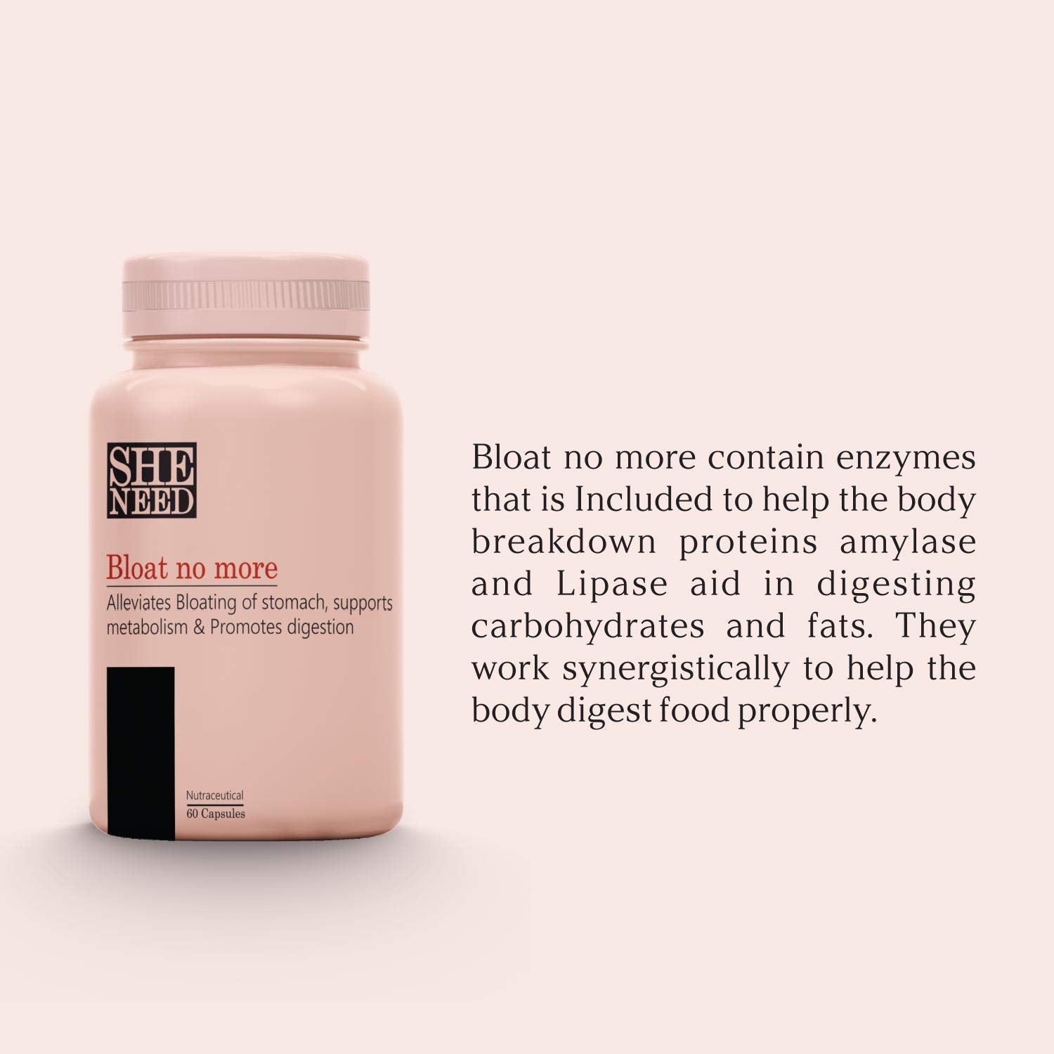 Sheneed Bloat No More - Digestive Supplement With Herbal Essential For Bloating, Improves Digestion, Constipation Relief, Bloating & Acidity, Improve Digestive Health | 60 Capsules, 100gm 0.2lbs