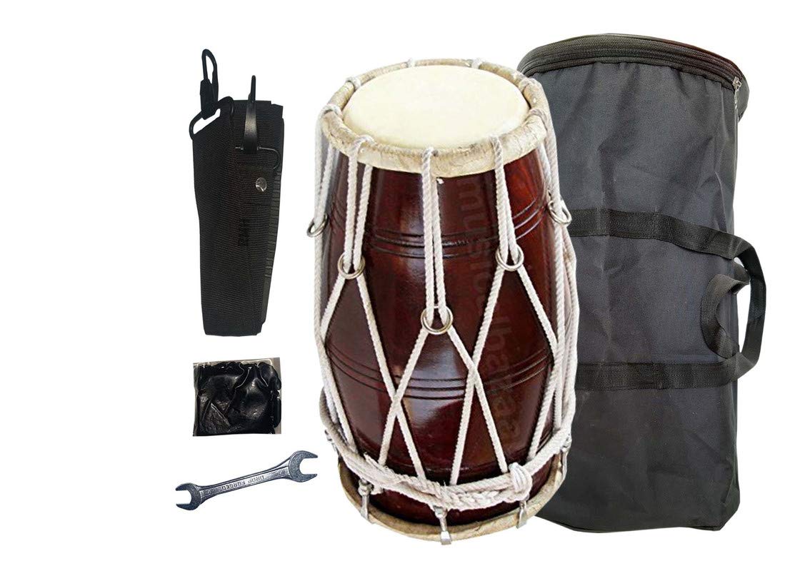 Wooden Musical Dholak Instrument Drum With Kit Carry Bag - Dark Brown | Perfectly Symmetric Round Dholak Nickel Plated Bolts & Nuts - Dholak For Festival, Wedding, Satsang | Very Easy To Tune
