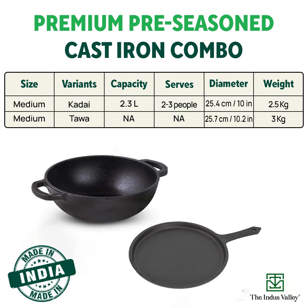 Pre-Seasoned Black Cast Iron Cookware Set - Tawa 25.7 Cm + Kadai 25.4 Cm, 2.3 Liters | Kitchen Cooking Combo Pots & Pans Set Of 2 Pcs - Naturally Nonstick