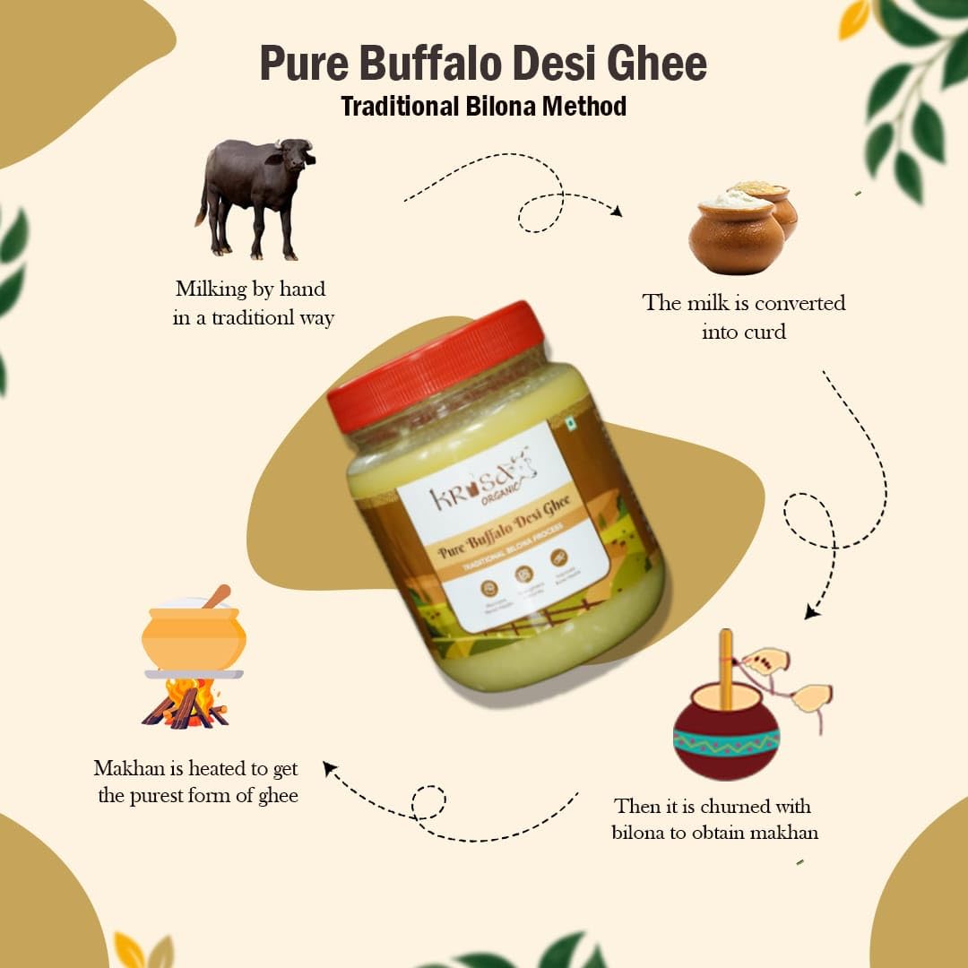 Organic Pure Buffalo Desi Ghee By Krisa Organic | Rich In Nutrients & Vitamins A, D Healthy Pure Desi Ghee Perfect For Muscles | (500ml) 16.9 Ounce | Jar Pack