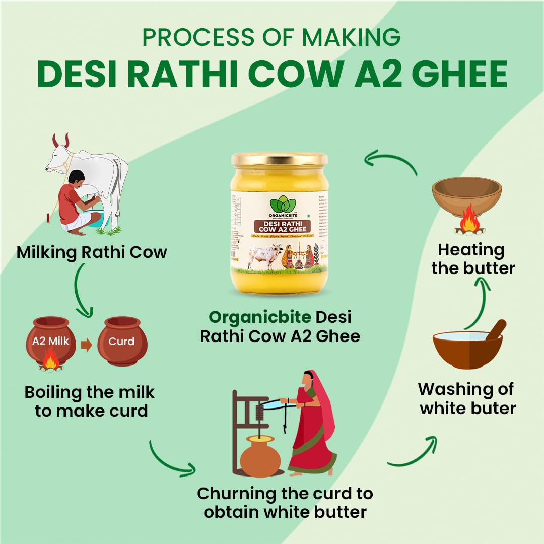 Pure Organic A2 Desi Rathi Cow Ghee By Organicbite | High In Protein Fiber Healthy Desi Ghee Good For Digestive Health | (500ml) 16.9 Ounce | Jar Pack