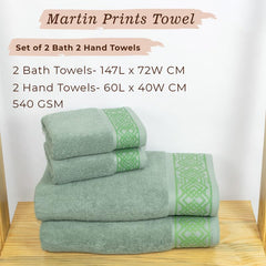 Rangoli 100% Cotton Fibre 2 Hand & 2 Bath Towel 1400 Gsm | Highly Durable & Absorbent Towel | Skin-Friendly & Quick Drying Luxury Towels (Green) - Pack Of 4