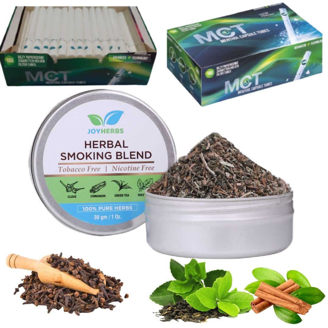 Natural & Ayurvedic Herbal Smoking Blend 1 Pack 1 Oz/ 30g Can With Mct Tube 100 Tubes Per Box - Tobacco-Free & Nicotine-Free Smoking Mixture