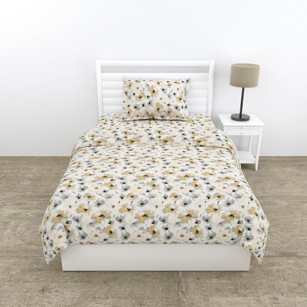Small Single Bedsheet With 1 Pillow Cover - 57 X 88 Inches, Grey & Black | Bedding Set Lightweight, Breathable | Wrinkle-Resistant & Smooth Finish