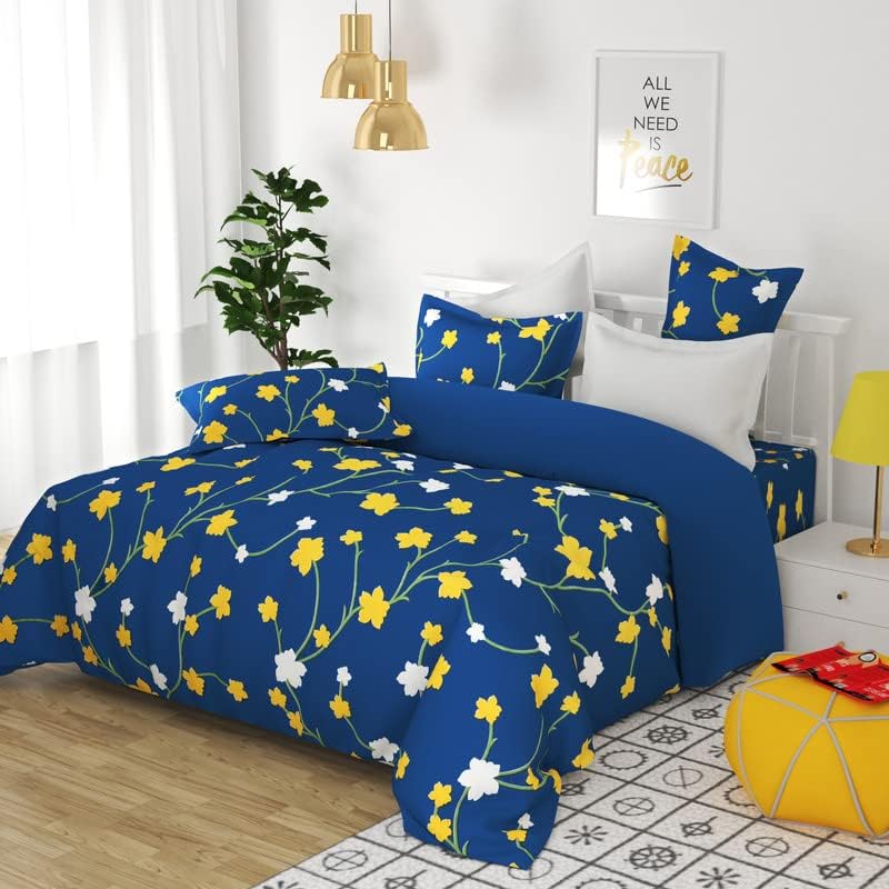 Microfiber Bedsheet For Double Bed With 2 Pillow Covers - 86 X 88 Inches | Breathable & Wrinkle Free, Soft Touch Print Sheet- Dark Blue