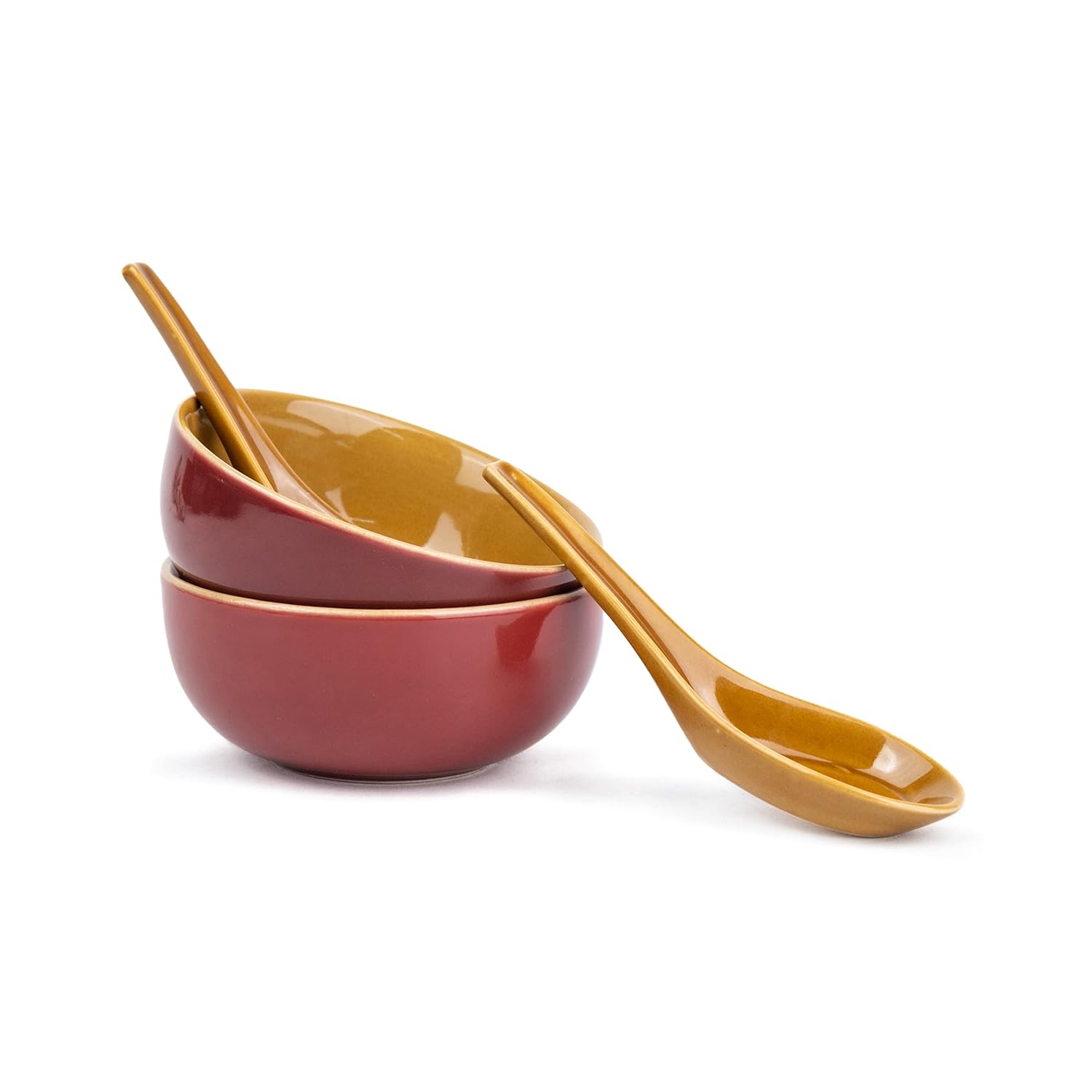 Ceramic Soup Bowl Set With Spoons - 300ml Each, Burgundy | 6 Pieces Soup Bowls + 6 Spoons | Glossy Finish - Premium Stoneware Ceramic Soup Bowls With Spoons | Soup Bowl Set Of 6
