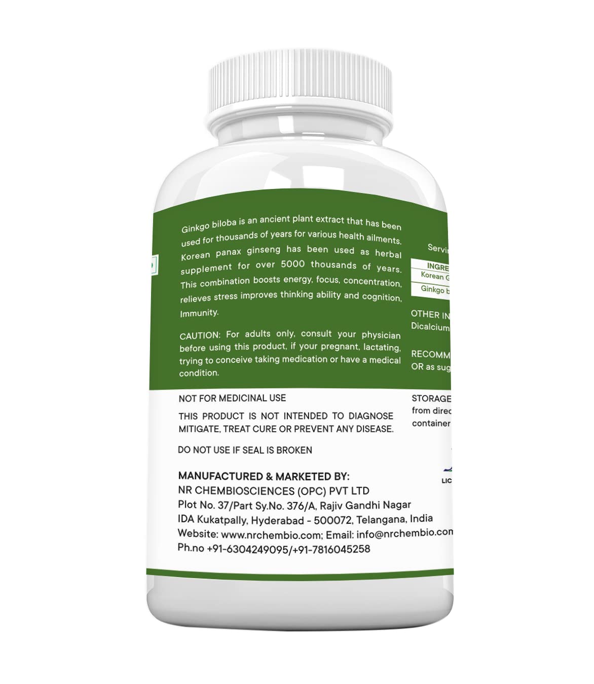 Nutri Rione Ginseng With Ginkgibiloba, Powerful Antioxidant Improves Immunity | 60 Veg Capsules 100gm 0.2lbs