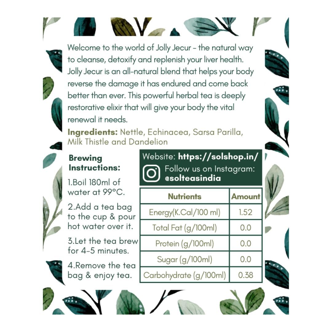 SOL Jolly Jecur Liver Detox Tea - 20 Pyramid Tea Bags | Assortment Of Herbs, Contains Milk Thistle, Nettle, Dandelion Root & Sarsaparilla - Helps Remove Toxins & Protect Liver | Preservatives Free