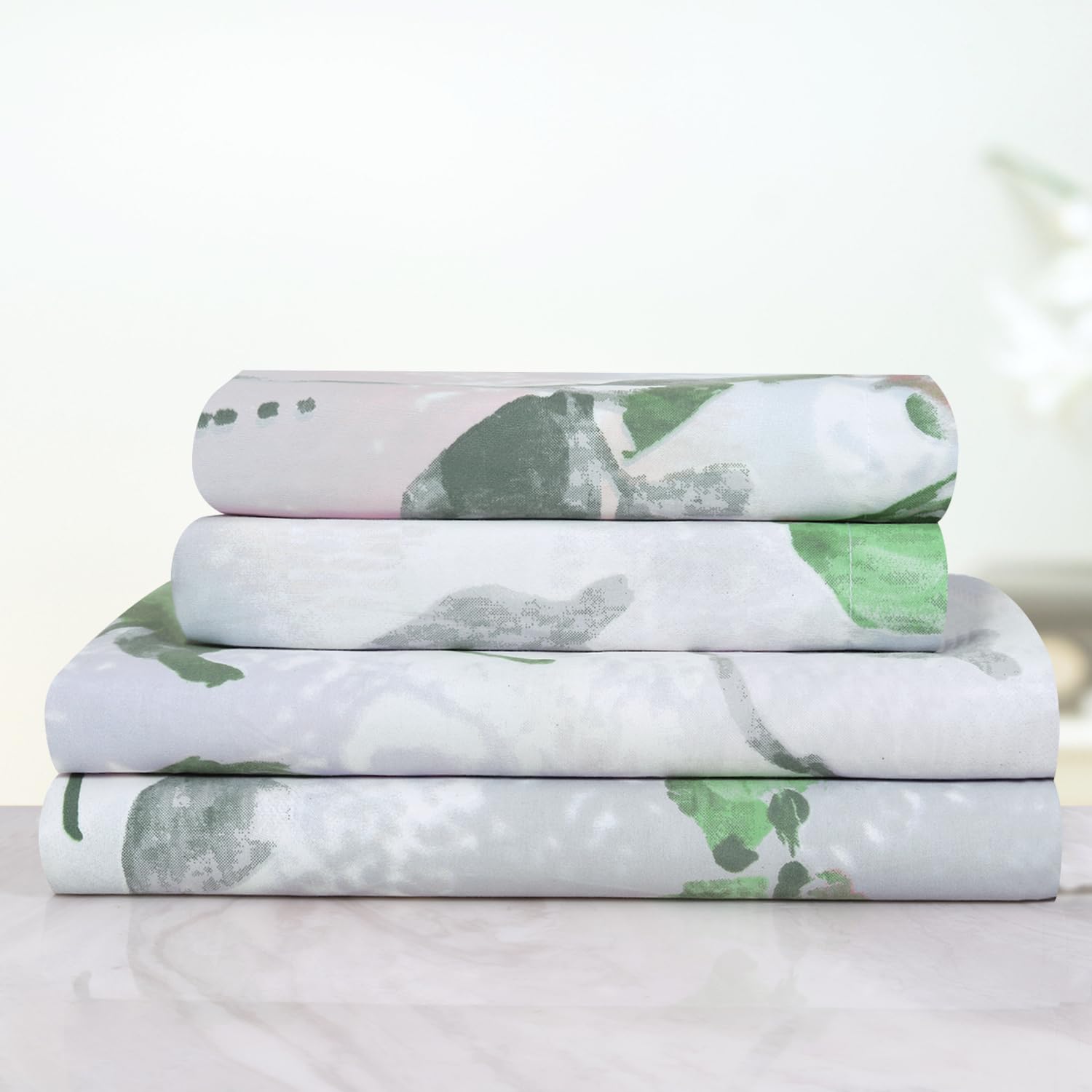 Cotton Elastic Fitted Double Bedsheet For King Size With 2 Pillow Covers - 78 X 72 + 8 Inches, White & Green | Soft Wrinkle Free & Breathable Elastic Bedsheets For King Size Bed