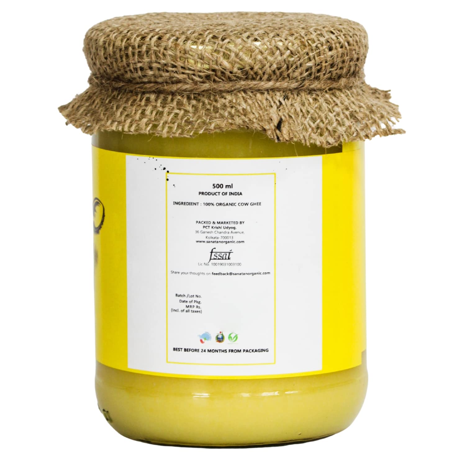 100% Pure Organic A2 Cow Ghee By Sanatan Organic | Rich Source Of Vitamin A & Protein Fiber Healthy Pure Desi Cow Ghee For Heart Health | (500ml) 16.9 Ounce | Jar Pack