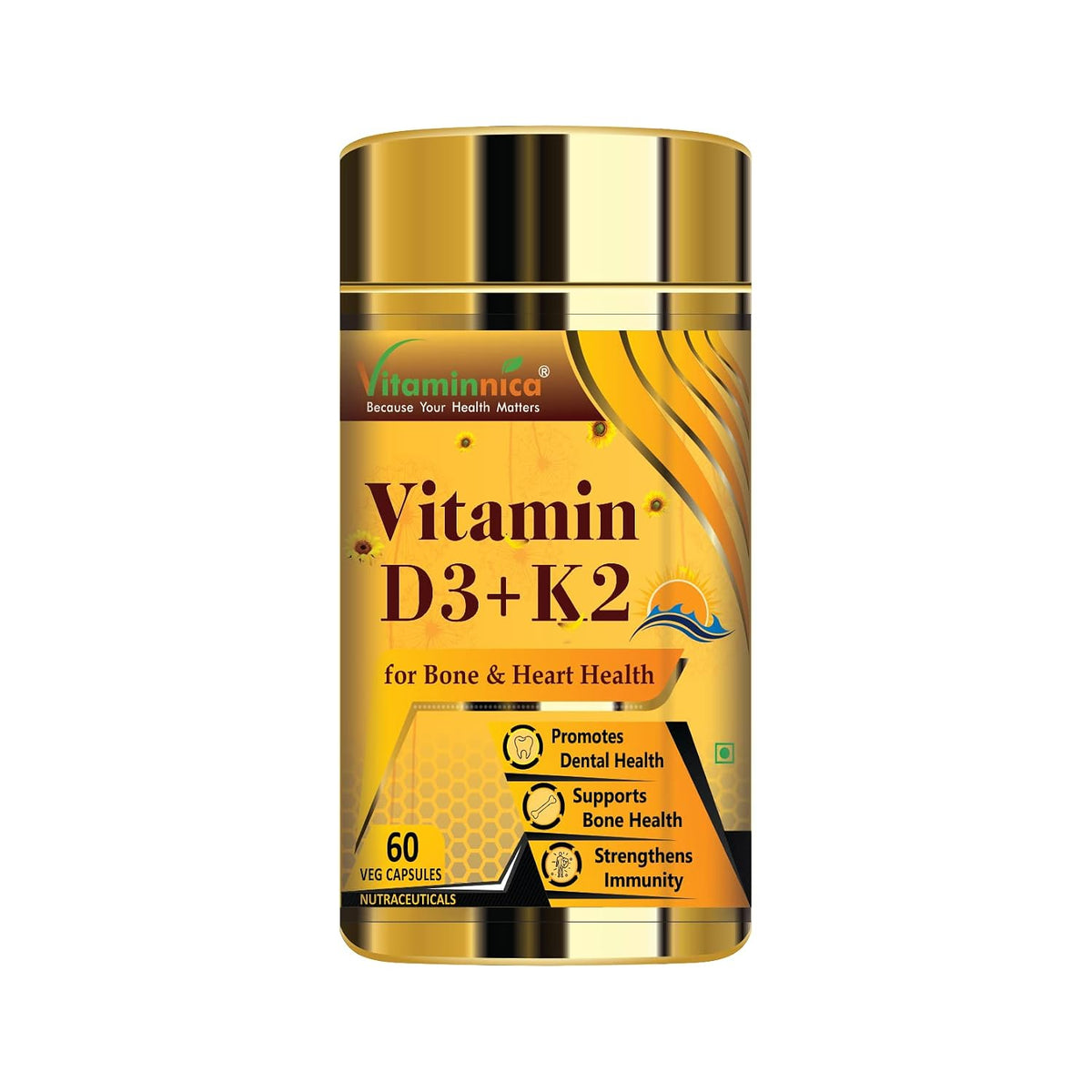 Vitaminnica Vitamin D3+ K2 , Support Bone & Heart Health For Men & Women | 60 Capsules 100gm 0.2lbs