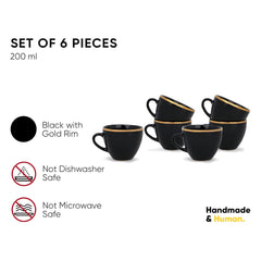 Real Gold Line Ceramic Tea Cups Set Of 6 - Black Gold Line, 200ml Each | Tea Cup Set Of 6 - Premium Ceramic Tea Set With Glossy Finish | Ceramic Tea Cup