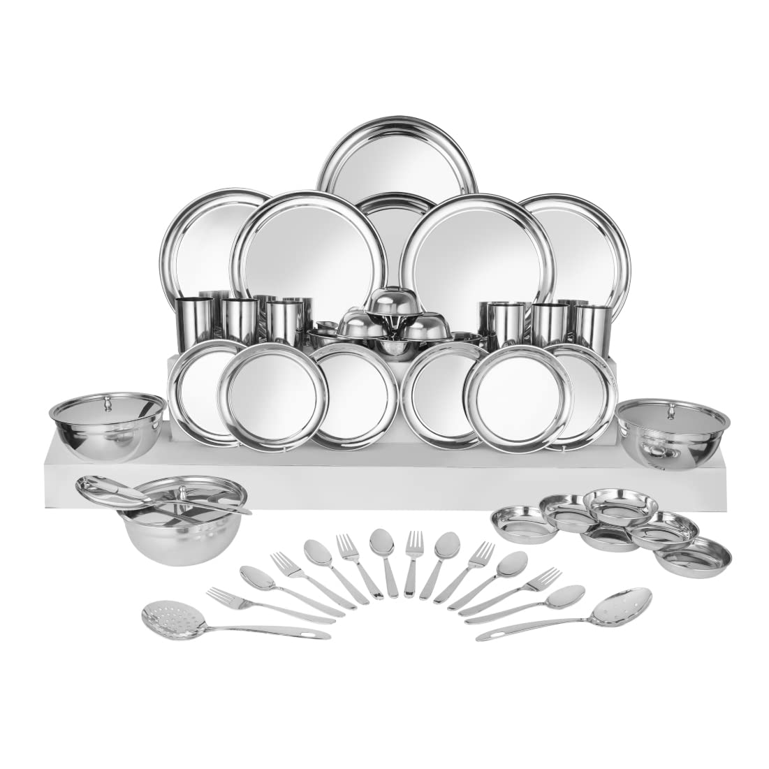 Stainless Steel Shagun Solid Dinner Set Of 51 Pcs, Silver | Easy To Clean - Dishwasher Safe