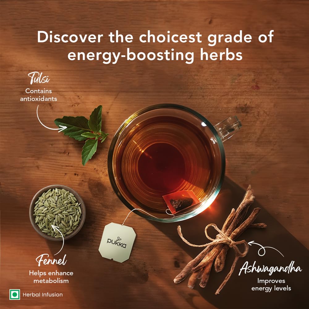 Pukka Ashwagandha & Tulsi Tea For Active Energy - 25 Infusion Tea Bags | Enhances Metabolism, Contains Antioxidants - Caffeine Free