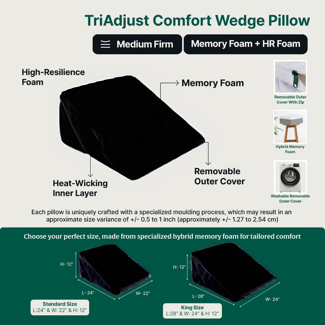 Orthopedic Memory Foam Pillow, Extra Large Adjustable Bed Wedge Pillow, Black | For Back Support, Pregnancy, Sleeping, Acid Reflux, Leg Support & Elevation, Reading With Removable Cover