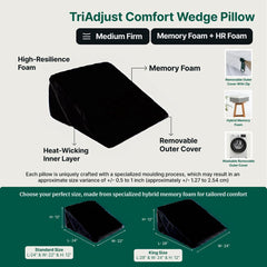 Orthopedic Memory Foam Pillow, Extra Large Adjustable Bed Wedge Pillow, Black | For Back Support, Pregnancy, Sleeping, Acid Reflux, Leg Support & Elevation, Reading With Removable Cover