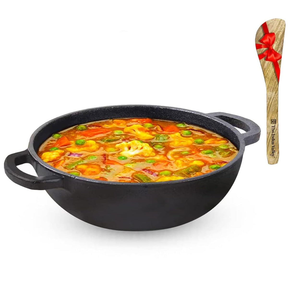 Pre-Seasoned Cast Iron Kadai With Flat Handles & Free Wooden Spatula - Medium, 25.4 Cm, 10 Inch, 2.3 Liters, 2.5 Kg | Naturally Nonstick Kadhai, 100% Pure & Toxin-Free, No Chemical Coating