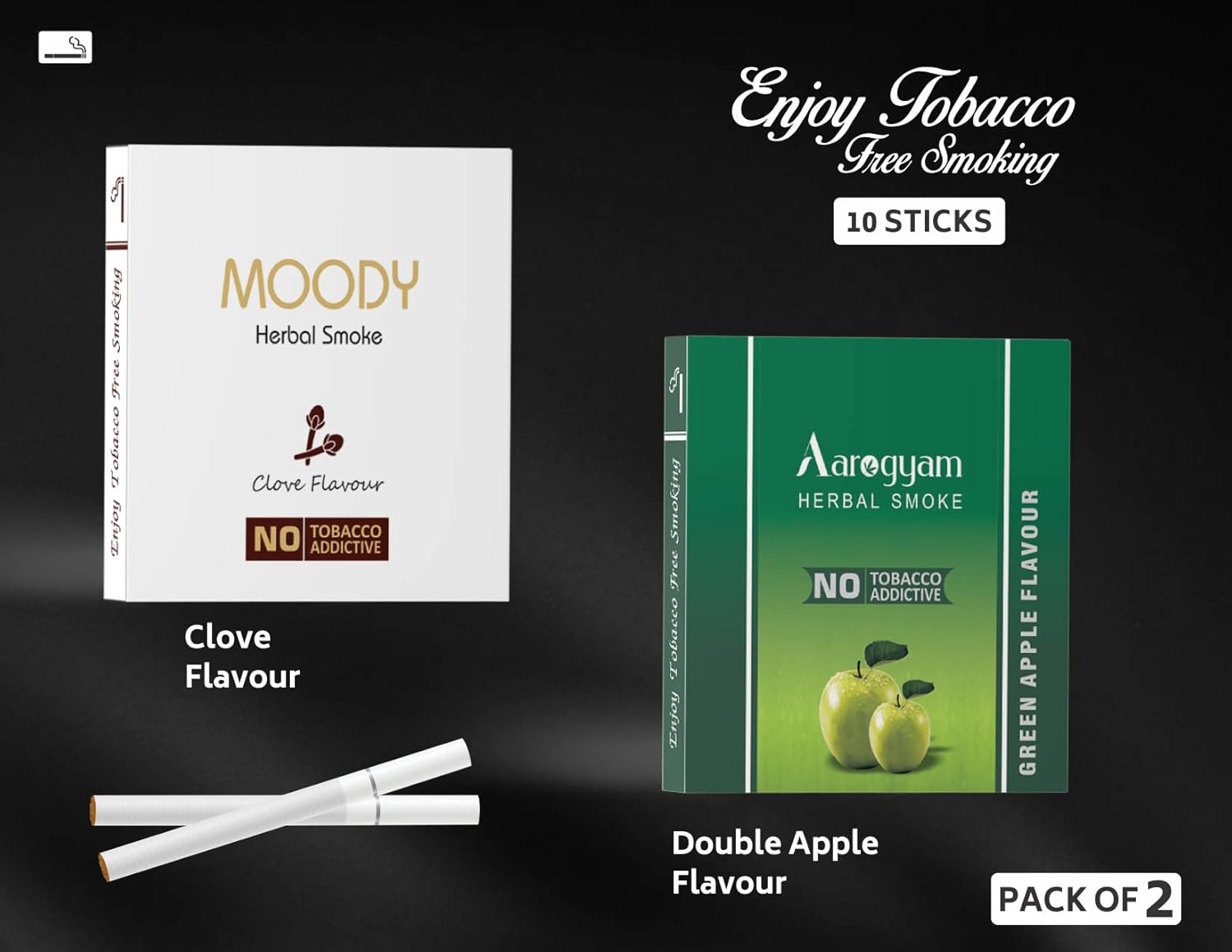 Aarogyam Herbals Pack Of 2 Flavours 100% Tobacco & Nicotine Free Cigarette For Relieve Stress & Mood Enhance Product Green Apple, Clove - 10 Sticks X 2 Packets