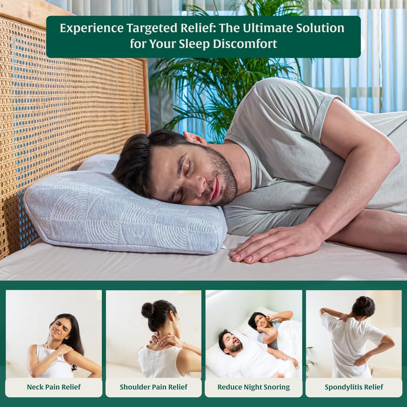 Cervical Pillow For Neck & Shoulder Pain, Memory Foam Pillow For Sleeping, Sky-Blue - Standard Size | Ergonomic Pillow For Head Pain & Back Pain Relief - Adjustable Pillow, Washable Cover