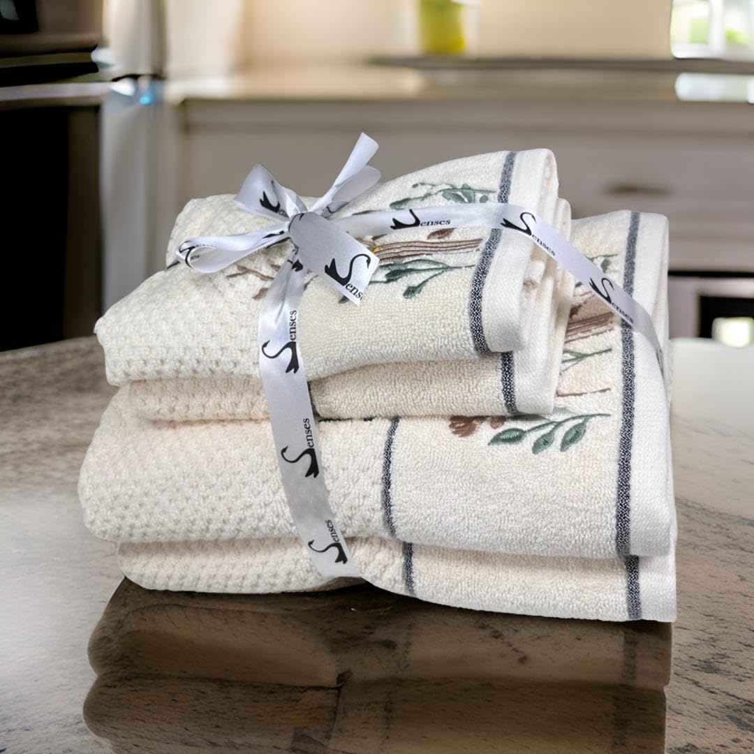 Senses By Riba All Cotton 550 Gsm Embroidered Towel Bath Set - Pack Of 4 (Style 13)