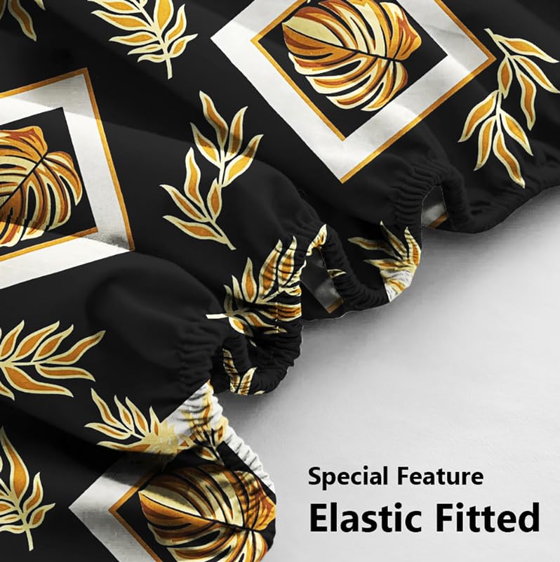 Cotton Elastic Fitted Bedsheets With 2 Pillow Covers Double Bed All Around Elastic Sheet Leaf Print | 72 X 78 +10 Inches, Black-Breathable & Skin-Friendly Bedsheet