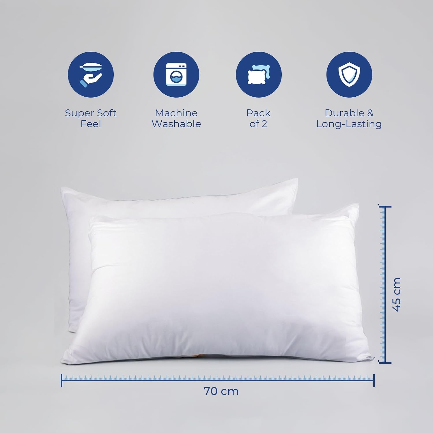Comfort Soft Microfiber Pillow, White, Standard Size - 45 X 70 Cm | Neck Support, Lightweight, Hypoallergenic, Washable, Breathable Pillow | Rectangular Shape, Bed Pillow - Pack Of 2