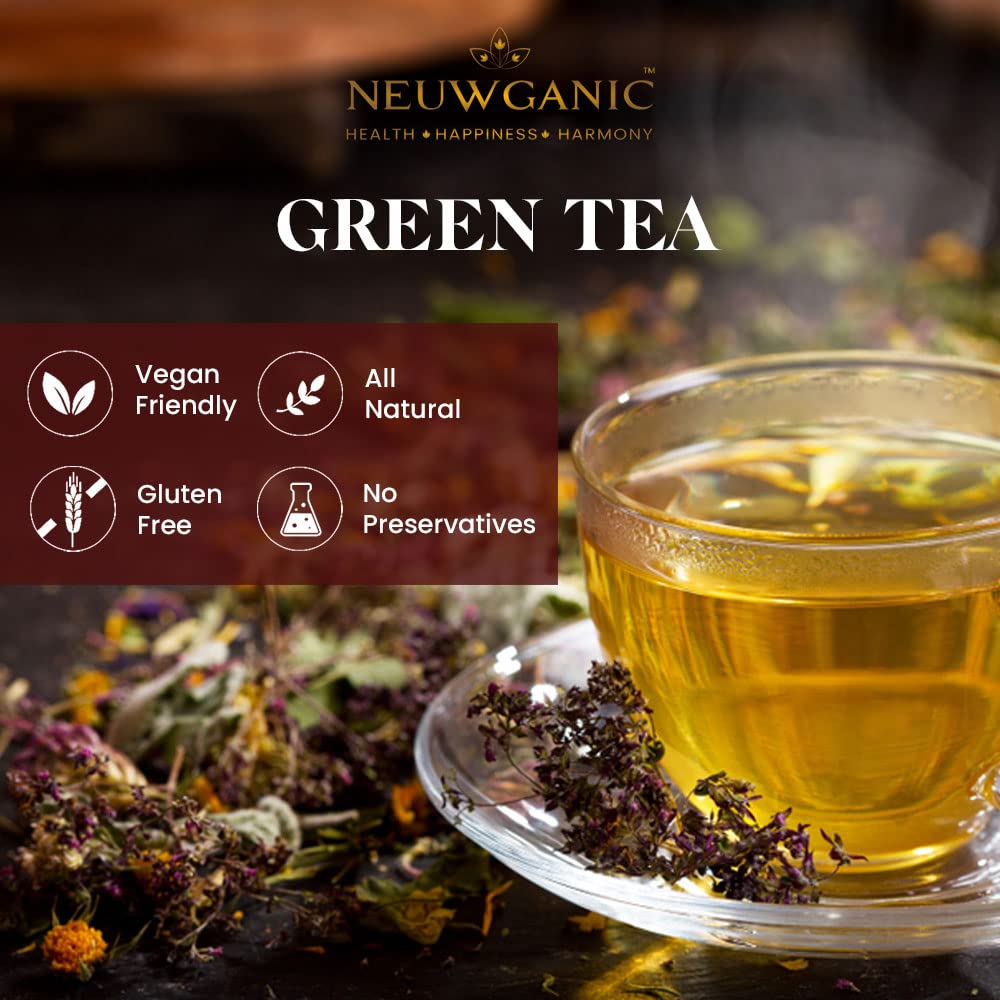 Neuwganic Tulsi Ginger Green Tea - 100gm, 3.5 Ounce, 50 Cups | Refreshing Blend Of Rama Tulsi, Ginger & Green Tea - Improves Digestion, Aids Weight Loss | Gluten Free, No Preservatives