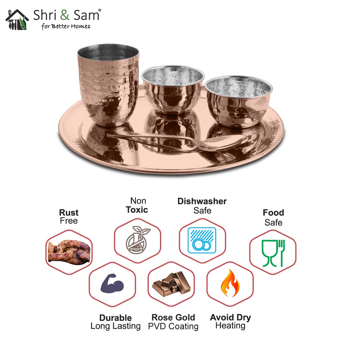 Stainless Steel Hammered Rose Gold Diamond Thali Set With PVD Coating, 5 Pieces | 1 Thali+ 1 Glass+ 2 Katoris+ 1 Spoon - Easy To Clean & Dishwasher Safe